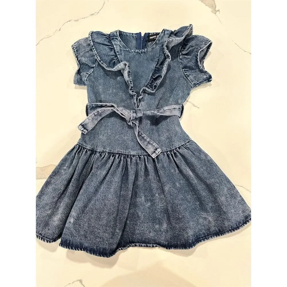 Maisonette Girls Acid Wash‎ Denim Dress 2T Flutter Sleeve Ruffle